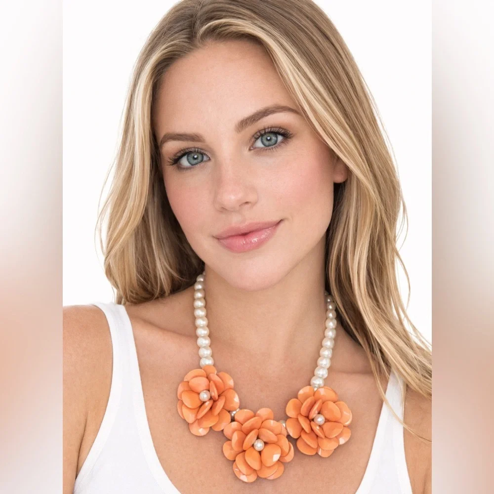 Vintage Orange Lucite Flower Statement‎ Necklace w/ Faux Pearl Strand